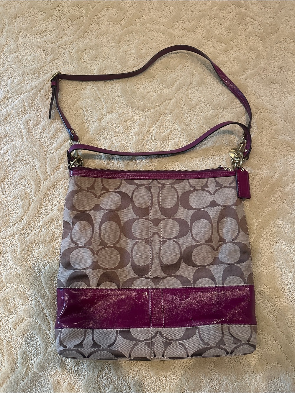 Coach Neutral Signature Crossbody with Purple/raspberry Trim